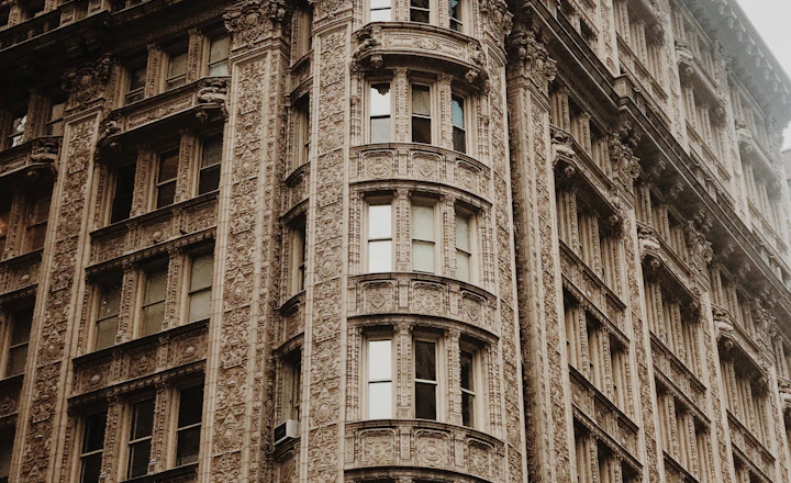 Richly ornamented terra cotta facade of Alwyn Court in New York