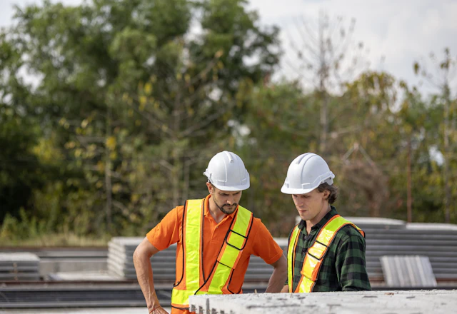Construction crew reviewing plans on site before mapping the repair scope