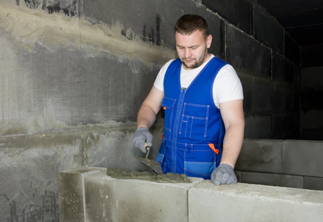 Mason in blue overalls working fresh mortar by hand