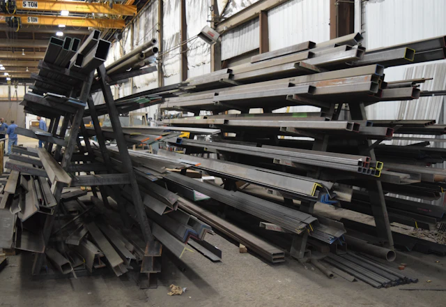 Stack of new steel sections in a warehouse, the stock replacement lintels are cut from