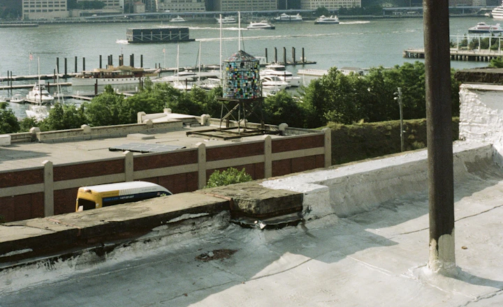 The Manhattan skyline across the East River seen from a New York City rooftop