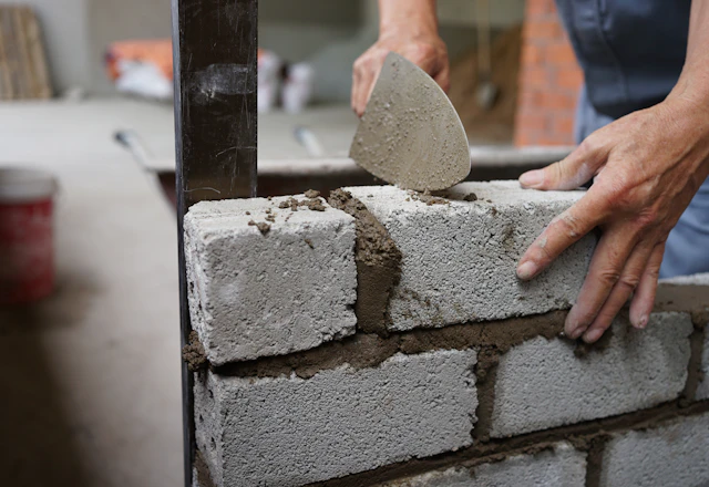 Worker applying fresh mortar to a brick wall while repointing the repair area