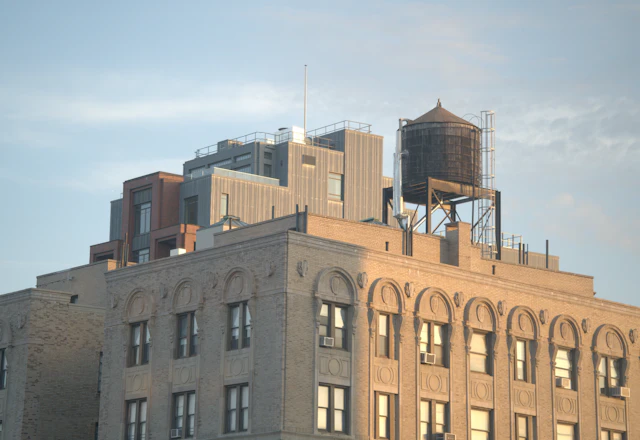 Brick building rooftop in New York with a wooden water tower, where a parapet survey starts