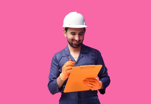 Man in a hard hat holding a yellow folder
