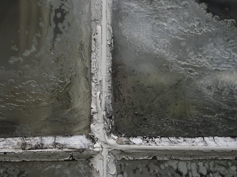 Weathered window frame with peeling white paint